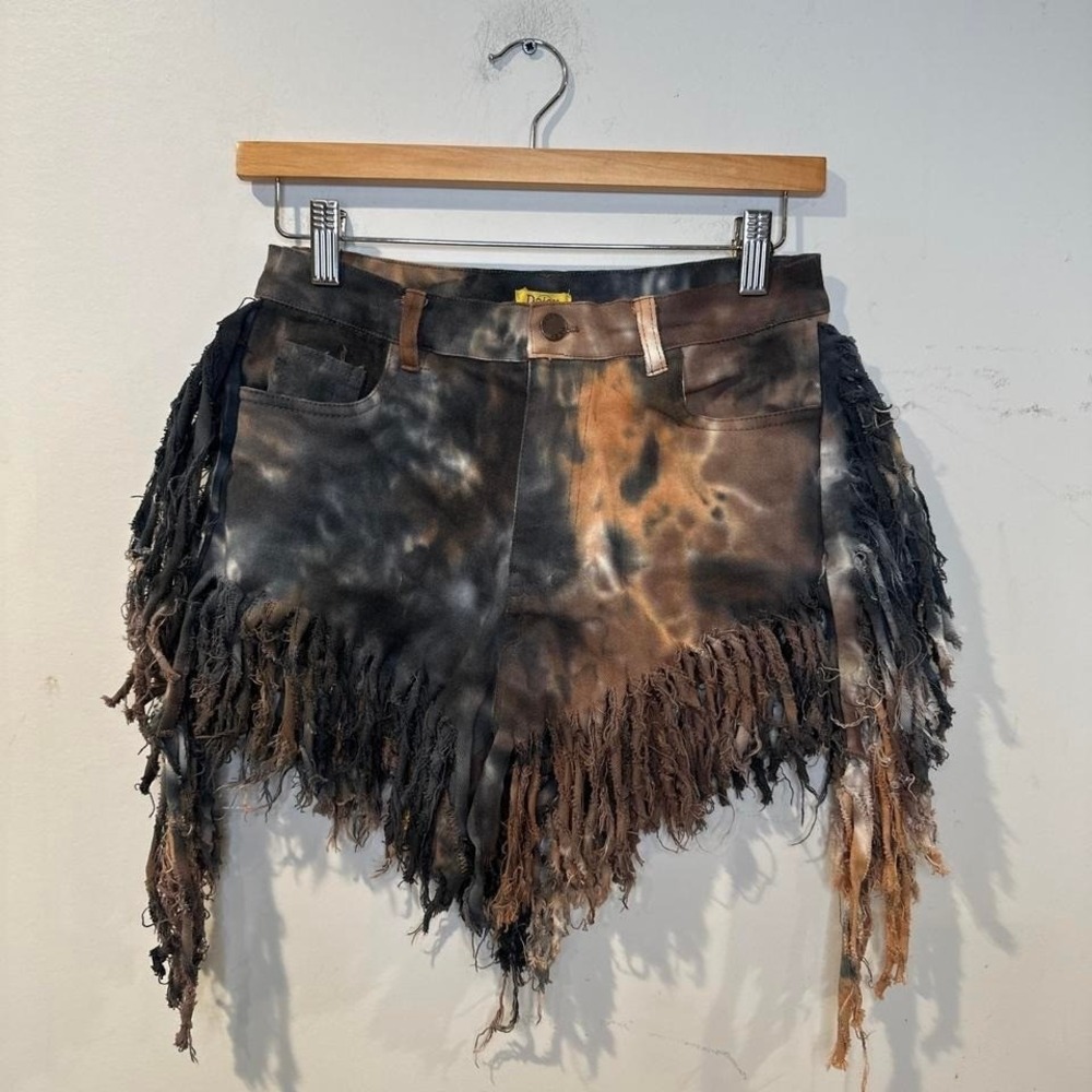 Thrashed Boho Grunge Fairy Fringe Festival Boho Tie Dye denim shorts MEDIUM